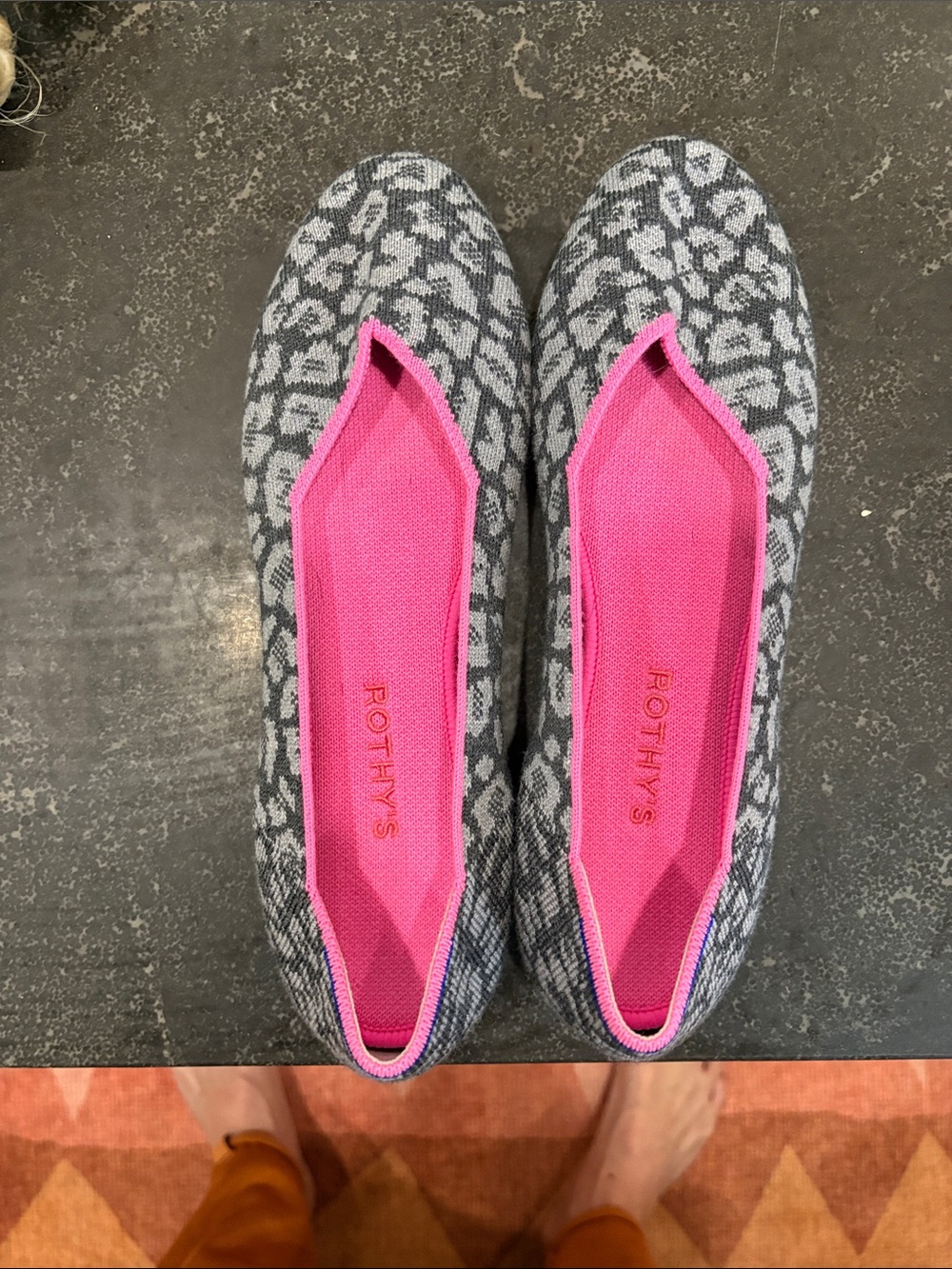 Rothy's Gray Leopard Knit Ballet Flats with Pink Insole